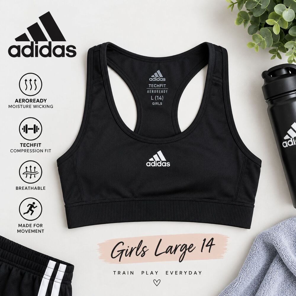 Adidas Techfit AEROREADY Sports Bra Girls L 14 Black Compression Athletic